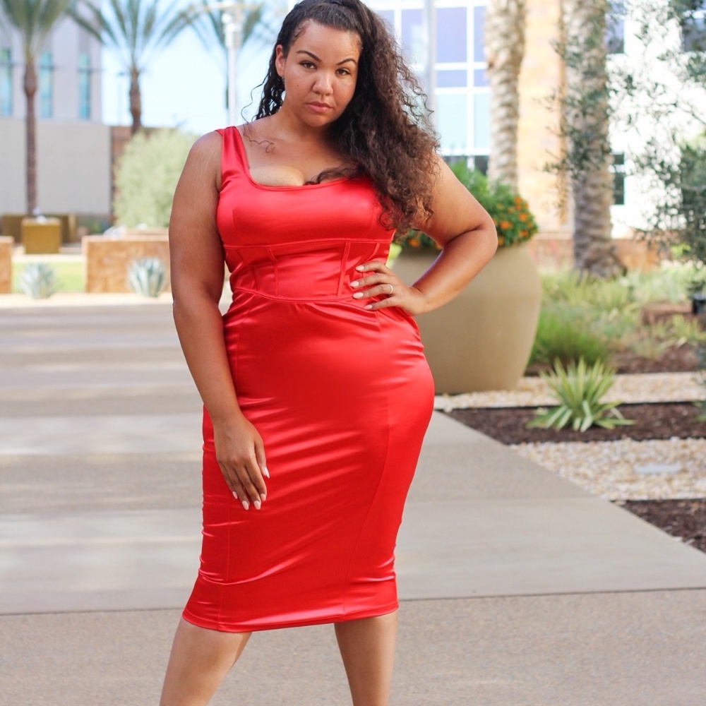 Red Satin Midi Dress